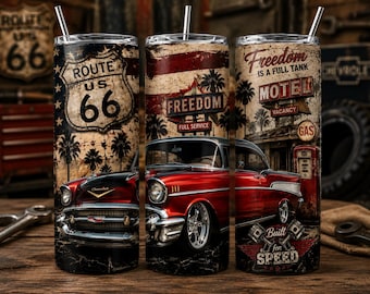 May include: A cylindrical metal tumbler with a straw, featuring a vintage Route 66 theme. The design includes a red classic car, palm trees, a motel sign, and text reading Route US 66, Freedom is a full tank, and Built for Speed.