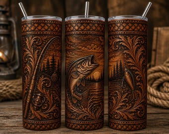 May include: Three cylindrical tumblers with a brown leather-like texture featuring embossed fishing imagery. The design includes a fishing rod, a leaping bass, and a lure, all surrounded by intricate scrollwork and a woven border pattern.