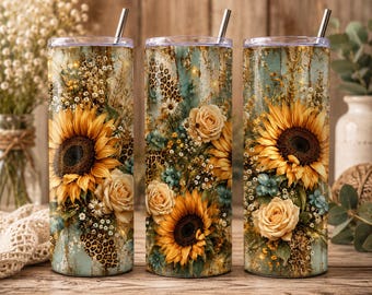 May include: Three cylindrical metal tumblers with clear lids and metal straws, featuring a rustic teal wood background, large yellow sunflowers, cream-colored roses, small white filler flowers, and brown leopard print accents.