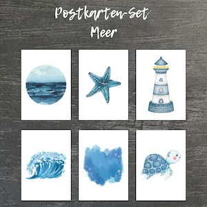 6er Postkarten Set Meer - Grußkarten - Urlaubsgrüße - Meeresliebe - Urlaub - Wellen - Küste - Leuchtturm - Strand - Beach - Schildkröte