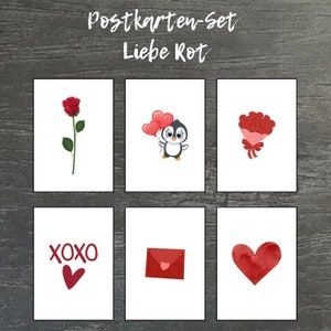 Set de 6 postales de amor rojas - tarjetas de felicitación - cumpleaños - San Valentín - corazones - carta de amor - rosas