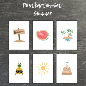 Conjunto de 6 postales Verano - Vacaciones - Cumpleaños - Tarjetas de felicitación - Tarjetas - Verano - Melón - Playa - Palmeras - Vibras de verano