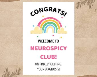 Cartão postal de parabéns pelo diagnóstico de TDAH | Bem-vindo(a) ao Clube Neurospicy Rainbow | Cartão de felicitações para autismo e neurodivergência | Presente para saúde mental