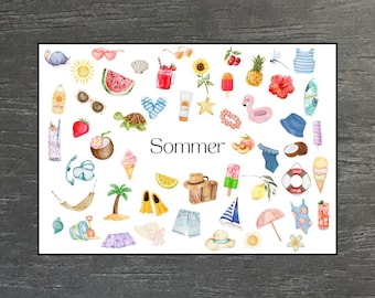 Cartão-postal de verão com aquarela e imagem escondida | Cartão de férias com saudações de verão | Voucher de viagem para presente de férias para namorada | Olá, verão!