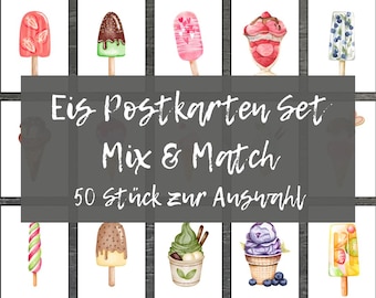 Conjunto de cartões-postais com tema de sorvete, combine e misture para saudações de verão, cartões de sorvete em aquarela para aniversários infantis, convites para festas, 50 modelos à sua escolha.