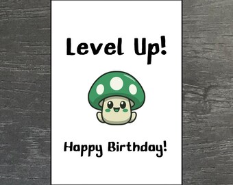Cartão de aniversário engraçado para gamers | Suba de nível | Cartão postal fofo de cogumelo | Cartão de feliz aniversário para gamers | Presente para gamers mulheres | Nerd Cozy Games