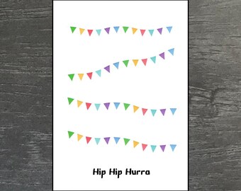Bunte Geburtstagskarte Hip Hip Hurra I Postkarte Wimpelkette I Fröhliche Happy Birthday Karte I Grußkarte Kindergeburtstag I Glückwunsch