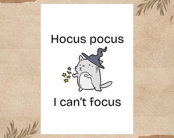 Cartão postal engraçado para TDAH, Hocus Pocus, "Não consigo me concentrar" | Cartão de felicitações, Gato da Concentração | Presente neurodivertido e divertido para escritório e mesa