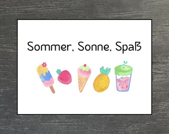 Postal - Verano, sol, diversión - Vacaciones - Tarjeta de felicitación - Verano - Tarjeta de verano - Helado - Piña - Amor de verano - Fresa - Fruta - Diversión de verano