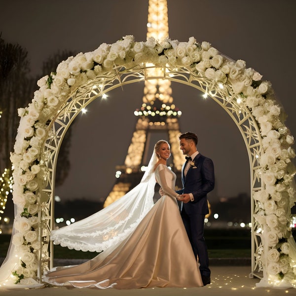 Eiffel Tower Wedding Night Backdrop: Dreamy Parisian Wedding Scene Digital Backdrop Photoshop Template, Studio Wedding Digital Background