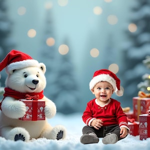 Adorable Christmas Polar Bear Backdrop | Festive Winter Wonderland Photo Prop, Digital Backdrop for Kids, Instant Download