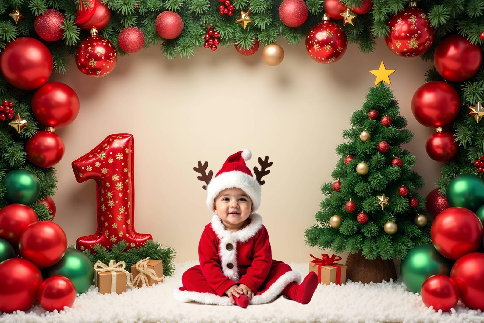 Christmas Dots Round Happy 1st Birthday Backdrop