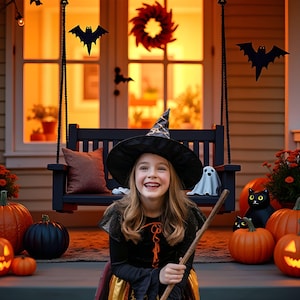 Whimsical Halloween Front Porch Digital Backdrop Background, Halloween Photography, Fall, Autumn, Composite