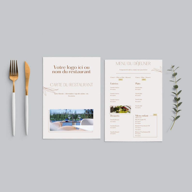 Template Canva, model de carte et menus de restaurant. design BEIGE MINIMALISTE. image 1