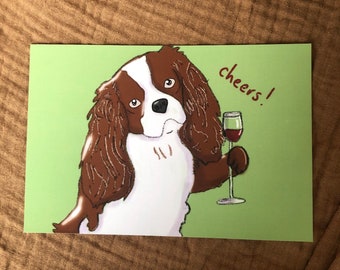 Digitale kunst/kunstprint/briefkaart/hondillustratie/King Charles Cavalier/proost