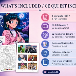 Anime coloring book with 52 numbered mystery pages, color palettes and full color solutions