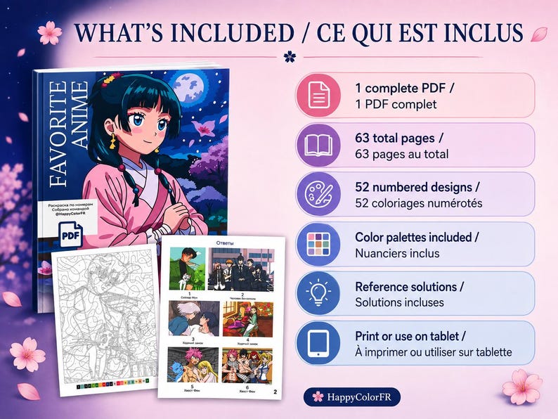 Anime coloring book with 52 numbered mystery pages, color palettes and full color solutions