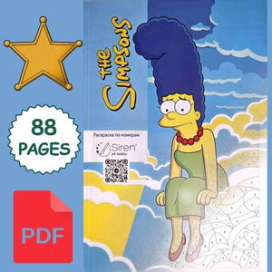 Könnte beinhalten: Ein digitales Malbuch-Cover mit Marge Simpson, die auf einer Wolke vor blauem Himmel sitzt. Der Text lautet The Simpsons, 88 PAGES und PDF. Ein goldener Stern, das Siren art factory Logo und ein QR-Code sind auf der linken Seite zu sehen.