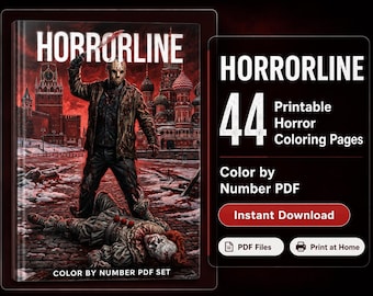HORRORLINE – Coloriage par numéros horreur PDF, 44 pages à imprimer pour adultes, téléchargement numérique