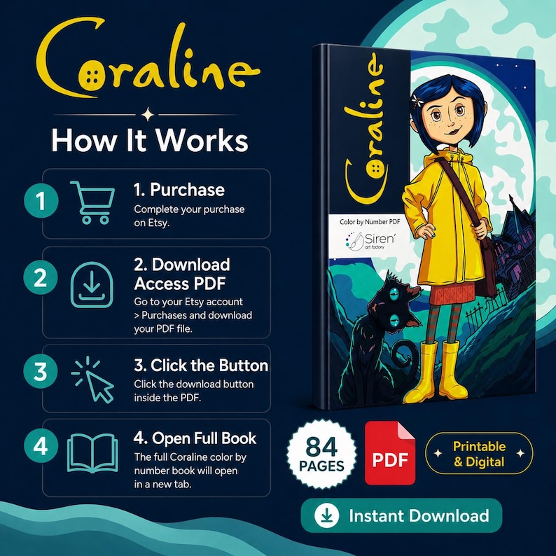 May include: A Coraline color by number PDF book with 84 pages. The cover features Coraline in a yellow raincoat with a black cat against a moonlit background. The image includes instructions for purchase, download, and access to the digital file.