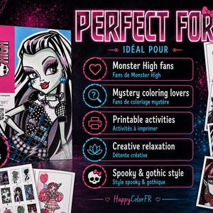 May include: A Monster High coloring book featuring Frankie Stein on the cover with 56 designs. The book includes a QR code and is displayed alongside four character portraits and a grid of smaller illustrations, all set against a dark background.