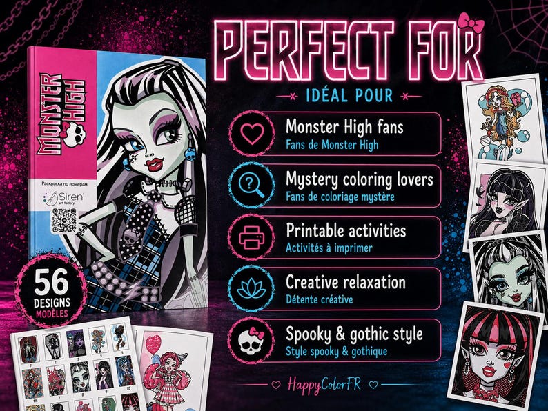 May include: A Monster High coloring book featuring Frankie Stein on the cover with 56 designs. The book includes a QR code and is displayed alongside four character portraits and a grid of smaller illustrations, all set against a dark background.