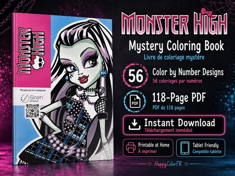 Monster High mystery coloring book PDF with 56 color by number designs and 118 digital pages