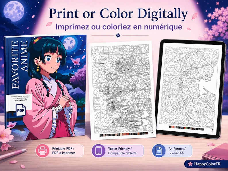 Collection of 52 anime coloring designs included in the digital mystery coloring book