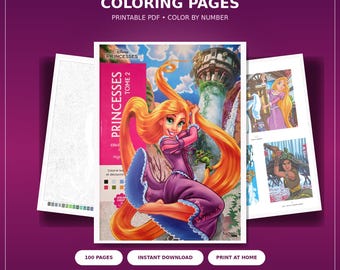May include: A digital collection of 100 mystery coloring pages featuring Disney Princesses. The cover displays Rapunzel with long golden hair in a purple dress, with additional pages showing color-by-number layouts and finished character illustrations.