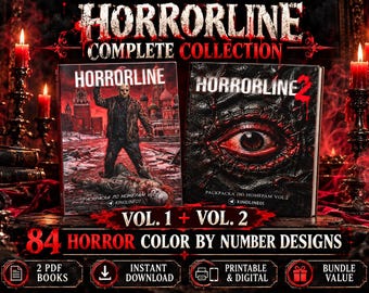 May include: Two Horrorline color by number books, Vol. 1 and Vol. 2, featuring a hockey-masked figure on the first cover and a large red eye on the second. The text reads Horrorline Complete Collection, Vol. 1 + Vol. 2, and 84 Horror Color By Number Designs.