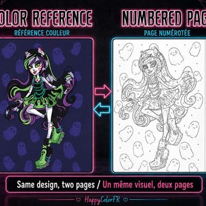 May include: A digital coloring guide featuring a colored character illustration labeled COLOR REFERENCE and a corresponding black and white line art page labeled NUMBERED PAGE with a vertical color key sidebar and the text Same design, two pages.