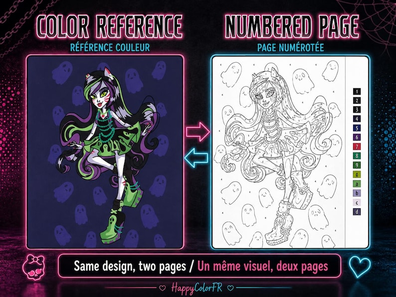 May include: A digital coloring guide featuring a colored character illustration labeled COLOR REFERENCE and a corresponding black and white line art page labeled NUMBERED PAGE with a vertical color key sidebar and the text Same design, two pages.