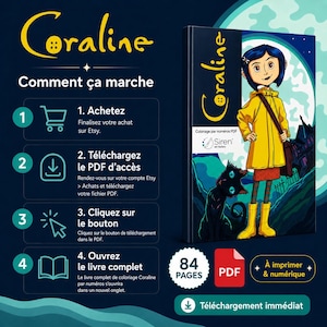 May include: A digital Coraline paint-by-numbers PDF guide featuring 84 pages. The cover displays a blue-haired character in a yellow raincoat with a black cat against a moonlit background. Text includes instructions for purchase, download, and access.