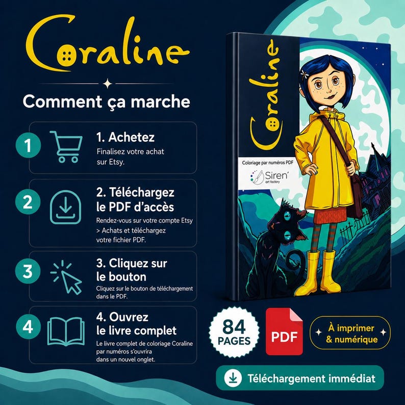 May include: A digital Coraline paint-by-numbers PDF guide featuring 84 pages. The cover displays a blue-haired character in a yellow raincoat with a black cat against a moonlit background. Text includes instructions for purchase, download, and access.