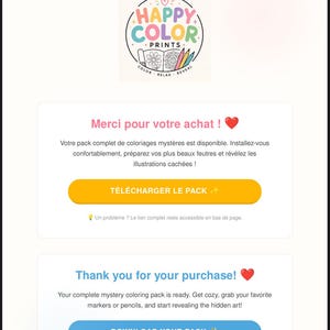 May include: A digital purchase confirmation page featuring the Happy Color Prints logo with a flower and pencil graphic. It includes two white rectangular sections with French and English text, each containing a colored download button and a lightbulb icon.