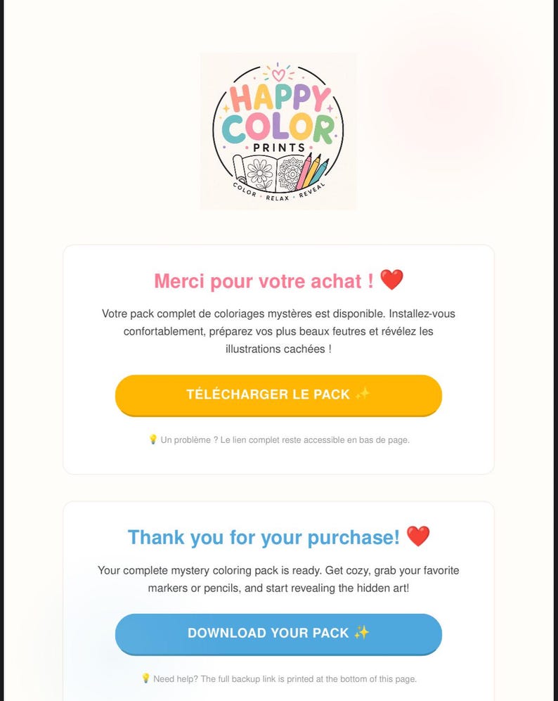 May include: A digital purchase confirmation page featuring the Happy Color Prints logo with a flower and pencil graphic. It includes two white rectangular sections with French and English text, each containing a colored download button and a lightbulb icon.