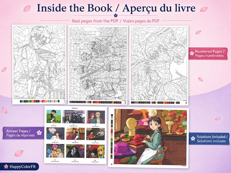 Preview of detailed anime mystery color by number pages included in the printable PDF