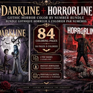Może przedstawiać: Cyfrowy zestaw zawierający dwie kolorowanki o tematyce horroru zatytułowane Darkline i Horrorline. Pakiet obejmuje 84 strony do kolorowania w formacie PDF, dostępne do natychmiastowego pobrania i wydruku, przedstawiające gotyckie ilustracje postaci.