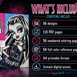 May include: A Monster High color by number digital book featuring Frankie Stein on the cover. The text includes WHAT'S INCLUDED, 56 designs, 118 PDF pages, 56 numbered coloring pages, 56 full-color reference pages, A4 printable format, and Instant digital access.