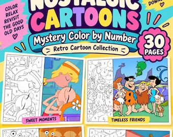 May include: A digital coloring book titled Nostalgic Cartoons Mystery Color by Number featuring 30 pages of retro cartoon characters. The cover displays colorful illustrations of animated figures, including scenes labeled Sweet Moments and Timeless Friends.