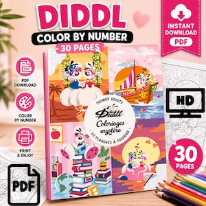 May include: A Diddl color by number digital activity book featuring 30 pages of illustrations. The cover displays four colorful scenes with cartoon characters, a stack of books, a sailboat, and the text Diddl Color By Number 30 Pages.