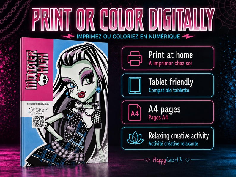 May include: A digital coloring book featuring Frankie Stein from Monster High on the cover. The text reads PRINT OR COLOR DIGITALLY, Print at home, Tablet friendly, A4 pages, and Relaxing creative activity. The cover shows a character with black and white hair.