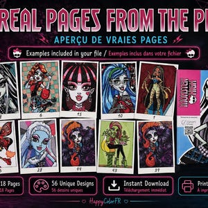 May include: A digital coloring book featuring Monster High characters, displayed as a collection of ten individual polaroid-style illustrations. The layout includes text headers reading REAL PAGES FROM THE PDF and APER&Ccedil;U DE VRAIES PAGES, alongside icons for 118 pages, 56 unique designs, instant download, and print at home options.