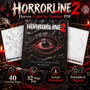 HORRORLINE 2 – Skräckmålarbok efter nummer i PDF-format, målarbok för vuxna med mysterier