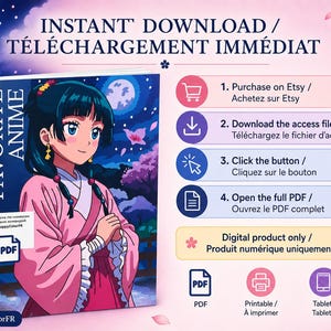 May include: A digital coloring book cover titled FAVORITE ANIME featuring a dark-haired character in a pink kimono against a night sky with a full moon and cherry blossoms. The graphic includes four numbered steps for downloading and a PDF icon.