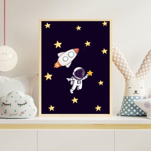 Póster infantil, descarga digital, póster para habitación infantil, A3, regalo para niños, cuadro de pared para niños, astronauta y cohete,