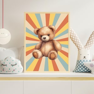 Póster infantil, Retro Teddy, descarga digital, póster para habitación infantil, A3, regalo para niños, cuadro de pared para niños,