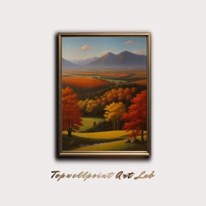 Pôster vibrante de floresta e montanha de outono, impressão de arte de parede em tela com paisagem de outono, decoração de parede inspirada na natureza, cores quentes do outono