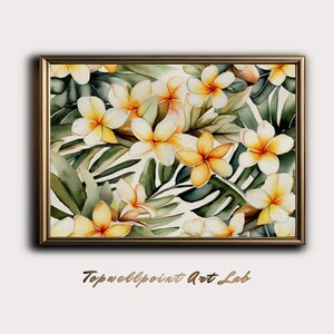 Tropical Plumeria Floral Print, Watercolour Flower Art, Botanical Wall Decor, Exotic Flower Pattern Beach Inspired Aesthetic for Home Decor