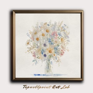 May include: A watercolour painting of a bouquet of white daisies and blue flowers in a clear glass jar. The flowers are arranged in a loose, natural style, and the background is a soft white.